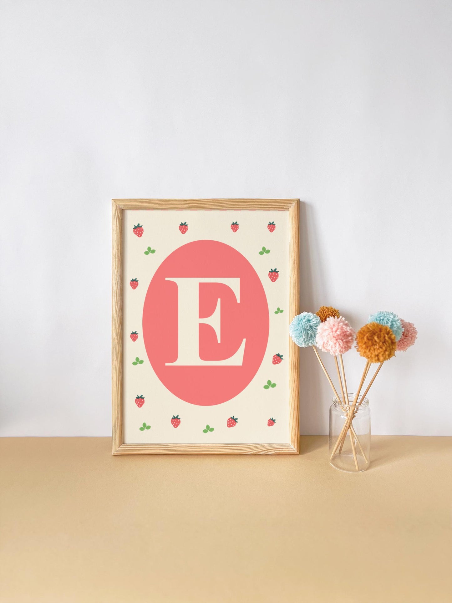 girls strawberry themed personalised name wall print set for bedroom or nursery
