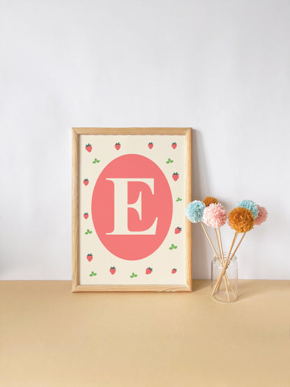 girls strawberry themed personalised name wall print set for bedroom or nursery