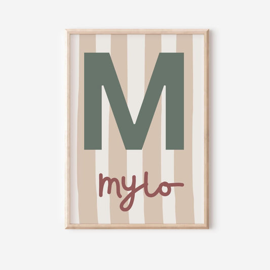 childrens neutral initial and name neutral wall print for bedroom, nursery or playroom