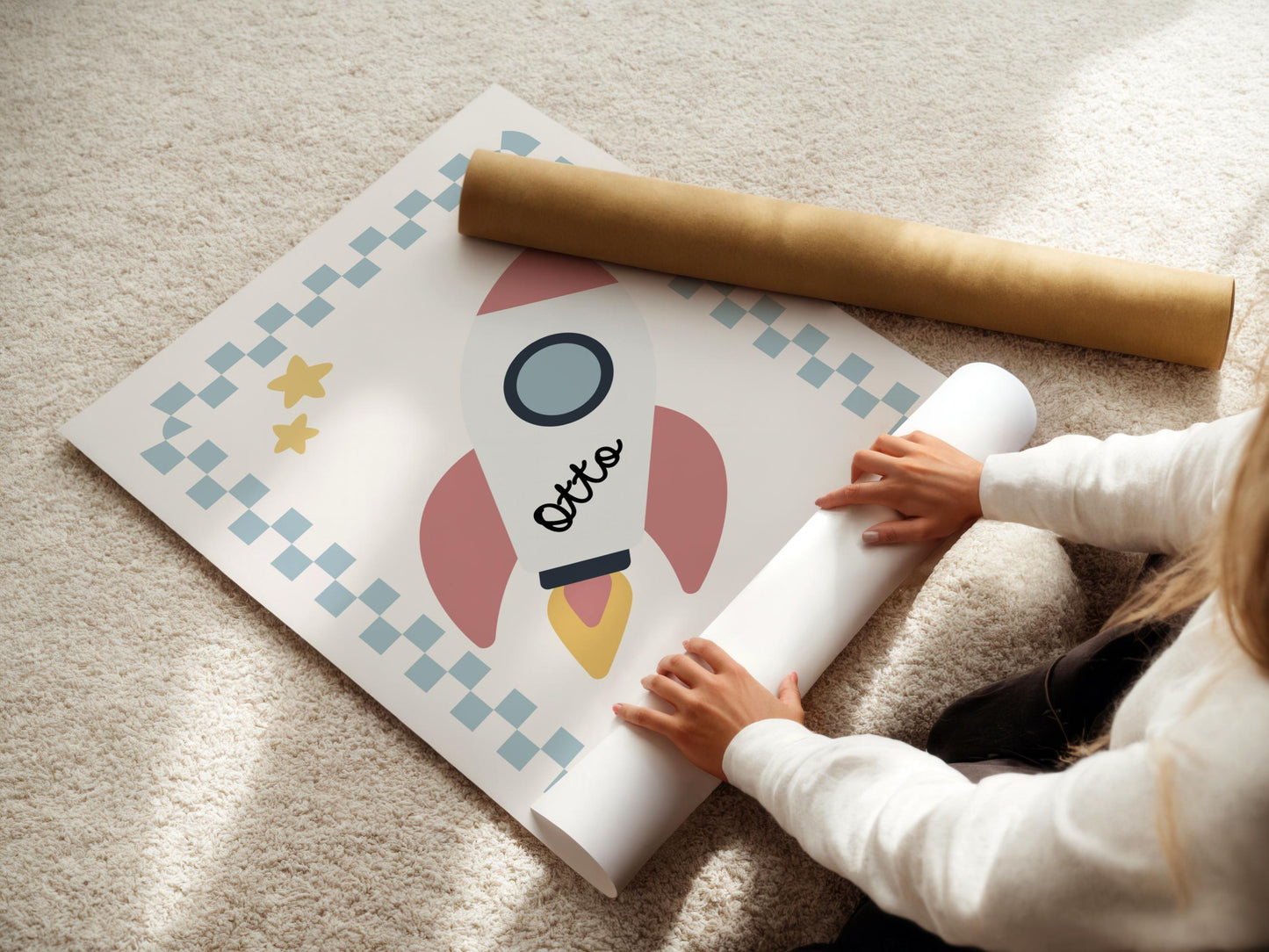 personalised boho space wall print for boys bedroom, nursery or playroom