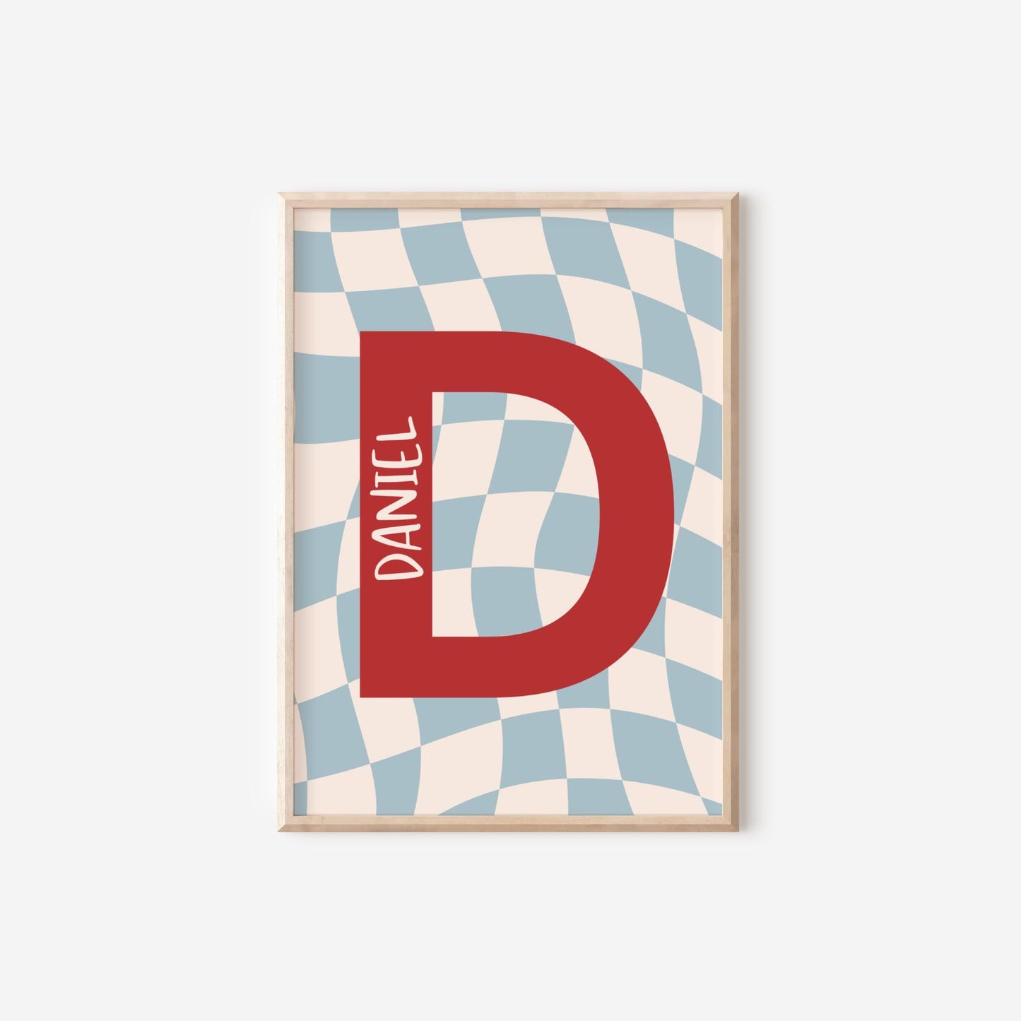personalised initial wall print checkerboard retro style for childrens bedroom or nursery