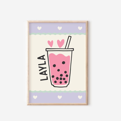 Personalized Bubble Tea Print: Retro Boho Wall Art for Girls