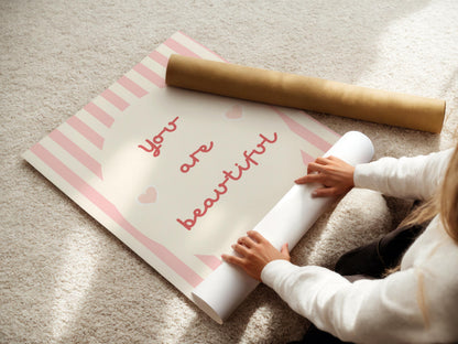 you are beautiful pink striped affirmation print for girls bedroom or playroom