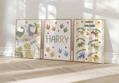 set of personalised dinosaur themed wall prints for childrens bedroom, playroom or nursery  (unframed)