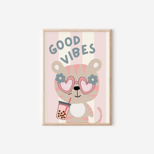 Retro Tiger Bubble Tea Print: Good Vibes Nursery Wall Art