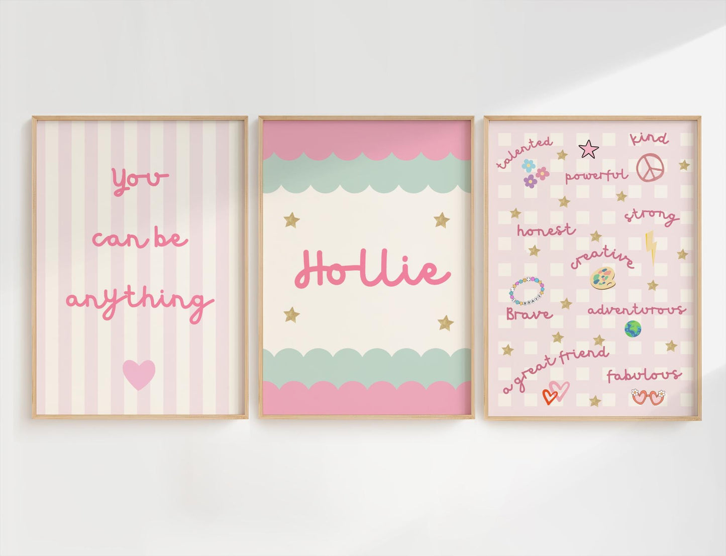 girls personalised affirmation pink print set of 3 for bedroom or nursery