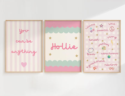 girls personalised affirmation pink print set of 3 for bedroom or nursery