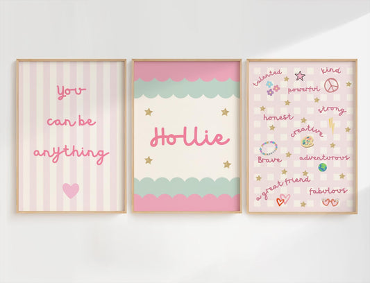 girls personalised affirmation pink print set of 3 for bedroom or nursery
