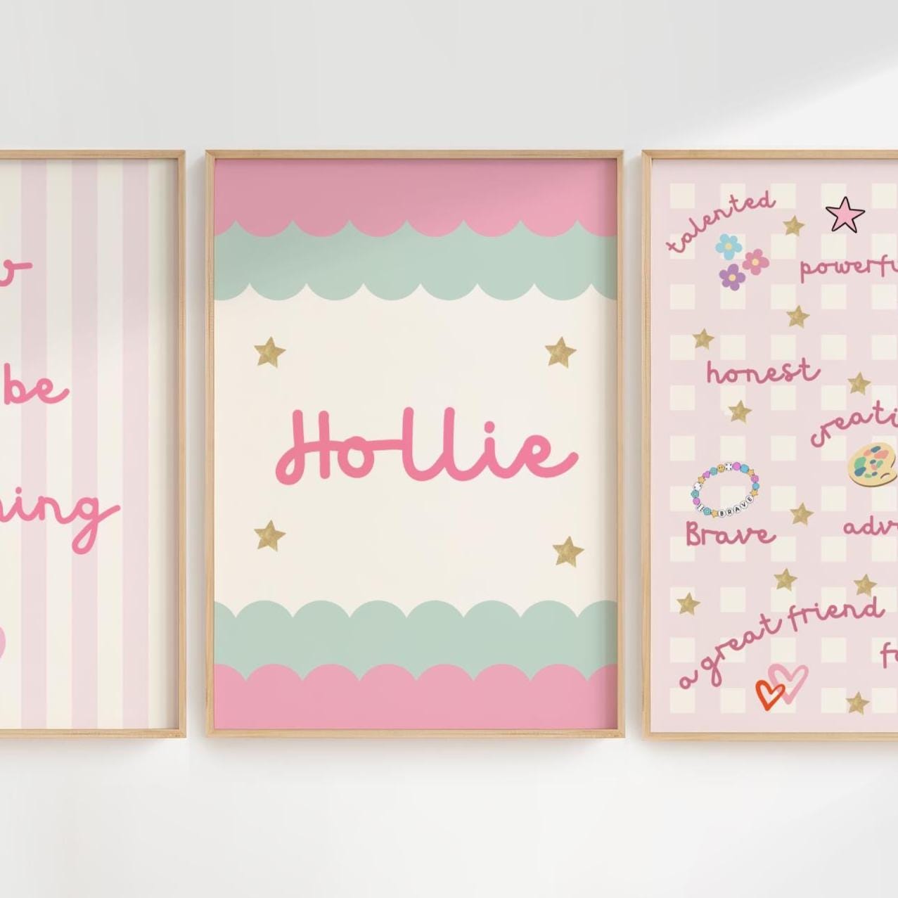 girls personalised affirmation pink print set of 3 for bedroom or nursery