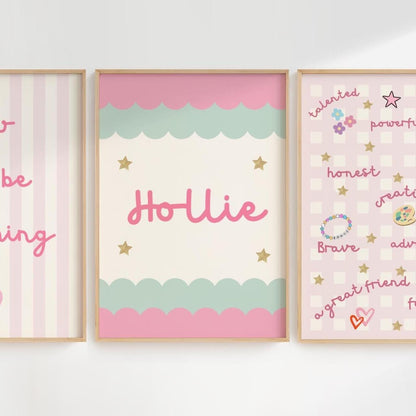 girls personalised affirmation pink print set of 3 for bedroom or nursery