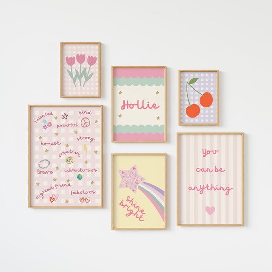 girls affirmation bright personalised wall print set for bedroom or nursery