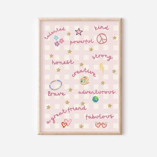 girls bright pastel affirmation personalised wall print set for bedroom or nursery