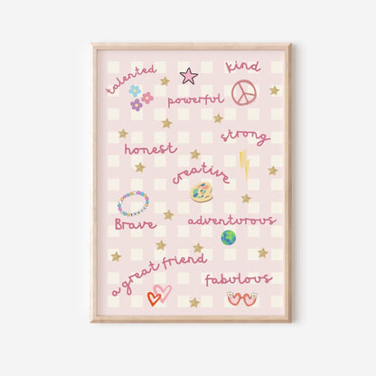 girls bright pastel affirmation personalised wall print set for bedroom or nursery