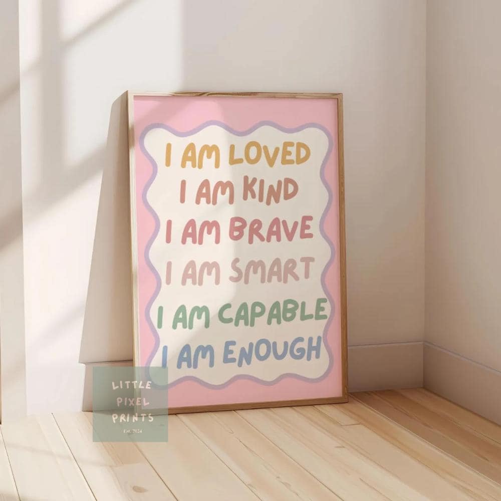 childrens affirmation wall print for bedroom or nursery, i am loved i am kind i am enough