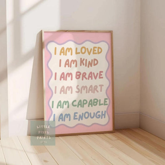 childrens affirmation wall print for bedroom or nursery, i am loved i am kind i am enough