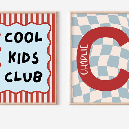 cool kids club and personalised checkered childrens wall print for bedroom or nursery