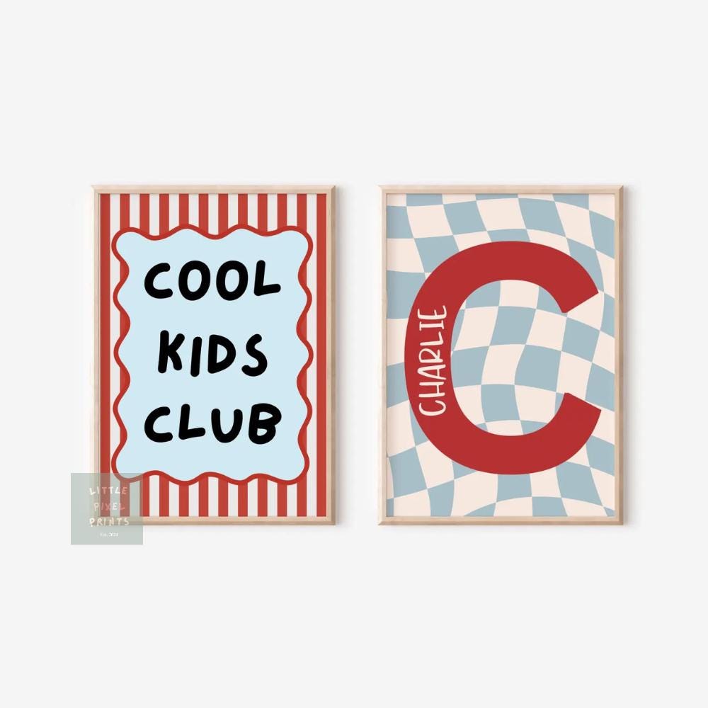 cool kids club and personalised checkered childrens wall print for bedroom or nursery