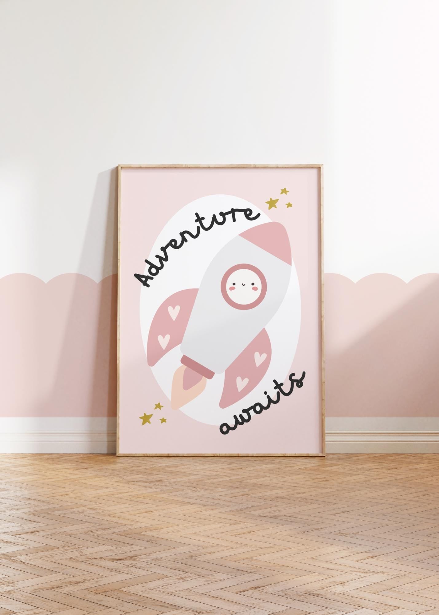 adventure awaits rocket space wall print for girl or boys bedroom, nursery or playroom