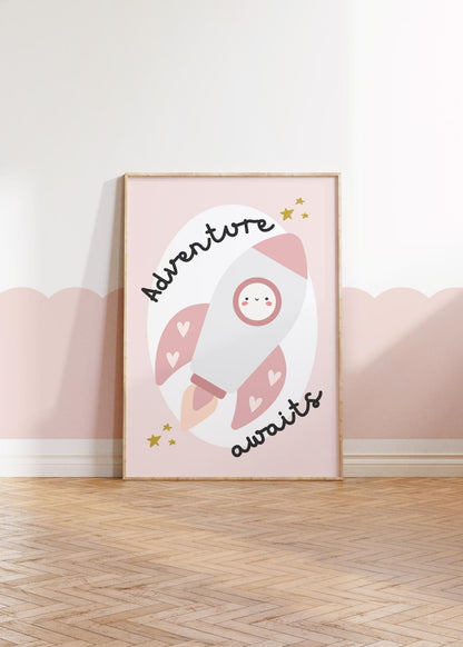 adventure awaits rocket space wall print for girl or boys bedroom, nursery or playroom