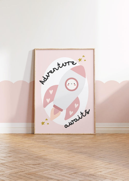 adventure awaits rocket space wall print for girl or boys bedroom, nursery or playroom