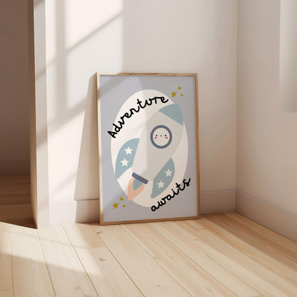 adventure awaits rocket space wall print for girl or boys bedroom, nursery or playroom