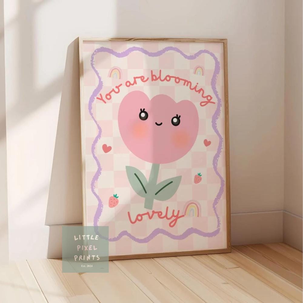 girls floral pink tulip print "you are blooming lovely" wall art for nursery or bedroom