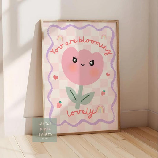girls floral pink tulip print "you are blooming lovely" wall art for nursery or bedroom