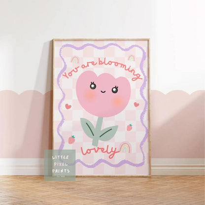 girls floral pink tulip print "you are blooming lovely" wall art for nursery or bedroom