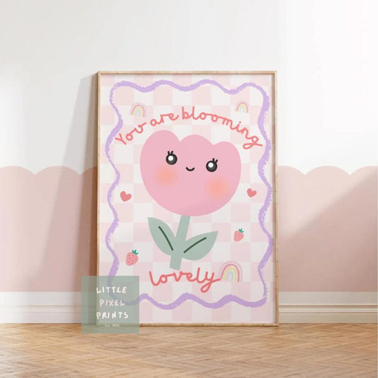 girls floral pink tulip print "you are blooming lovely" wall art for nursery or bedroom