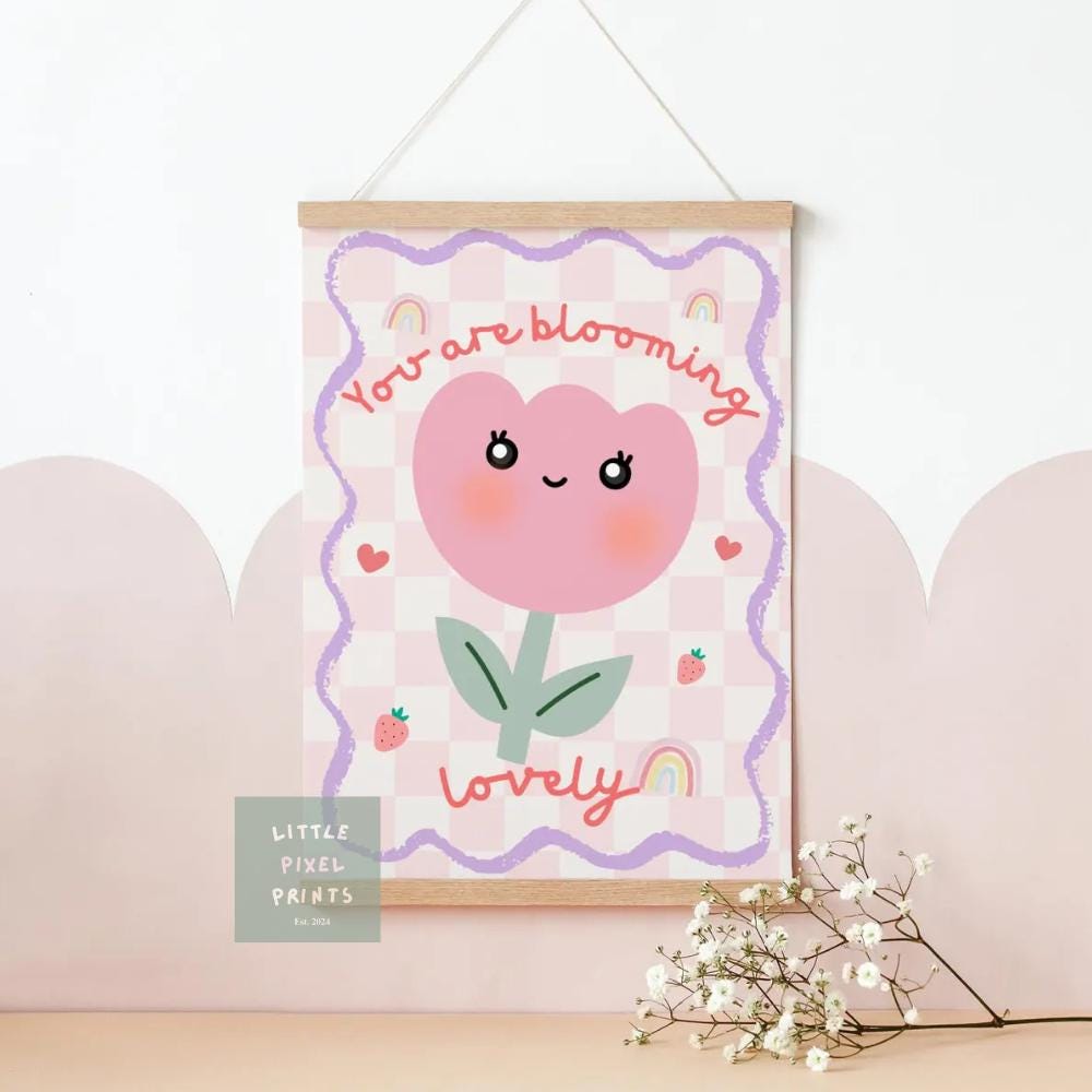 girls floral pink tulip print "you are blooming lovely" wall art for nursery or bedroom