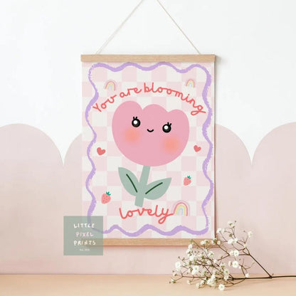 girls floral pink tulip print "you are blooming lovely" wall art for nursery or bedroom