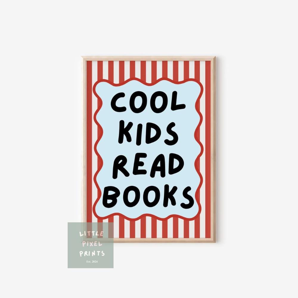 cool kids read books red and blue wall print for childrens bedroom, nursery or playroom