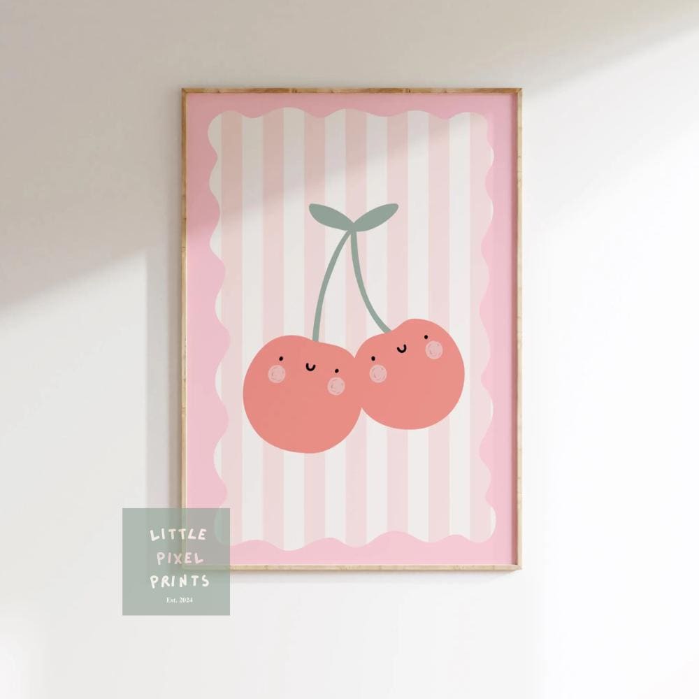 cute happy cherry pink wall print for childrens bedroom, nursery or playroom, boho kids art