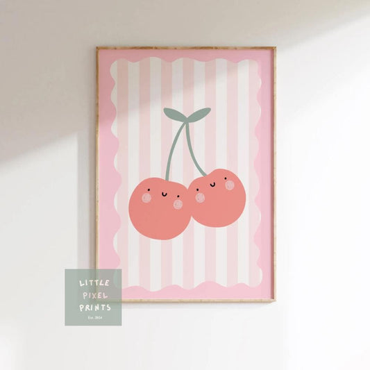 cute happy cherry pink wall print for childrens bedroom, nursery or playroom, boho kids art