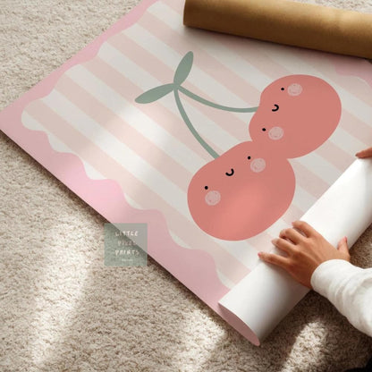 cute happy cherry pink wall print for childrens bedroom, nursery or playroom, boho kids art