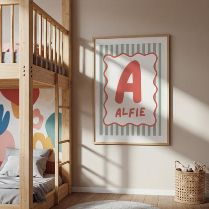 Personalised Scallop Initial Wall Print: Green and Red Nursery Decor