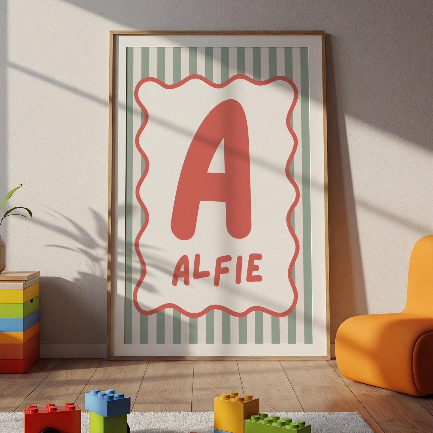 Personalised Scallop Initial Wall Print: Green and Red Nursery Decor