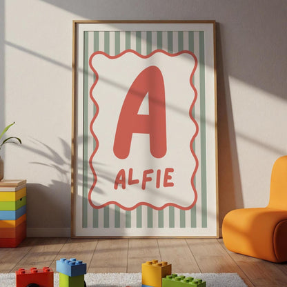 Personalised Scallop Initial Wall Print: Green and Red Nursery Decor