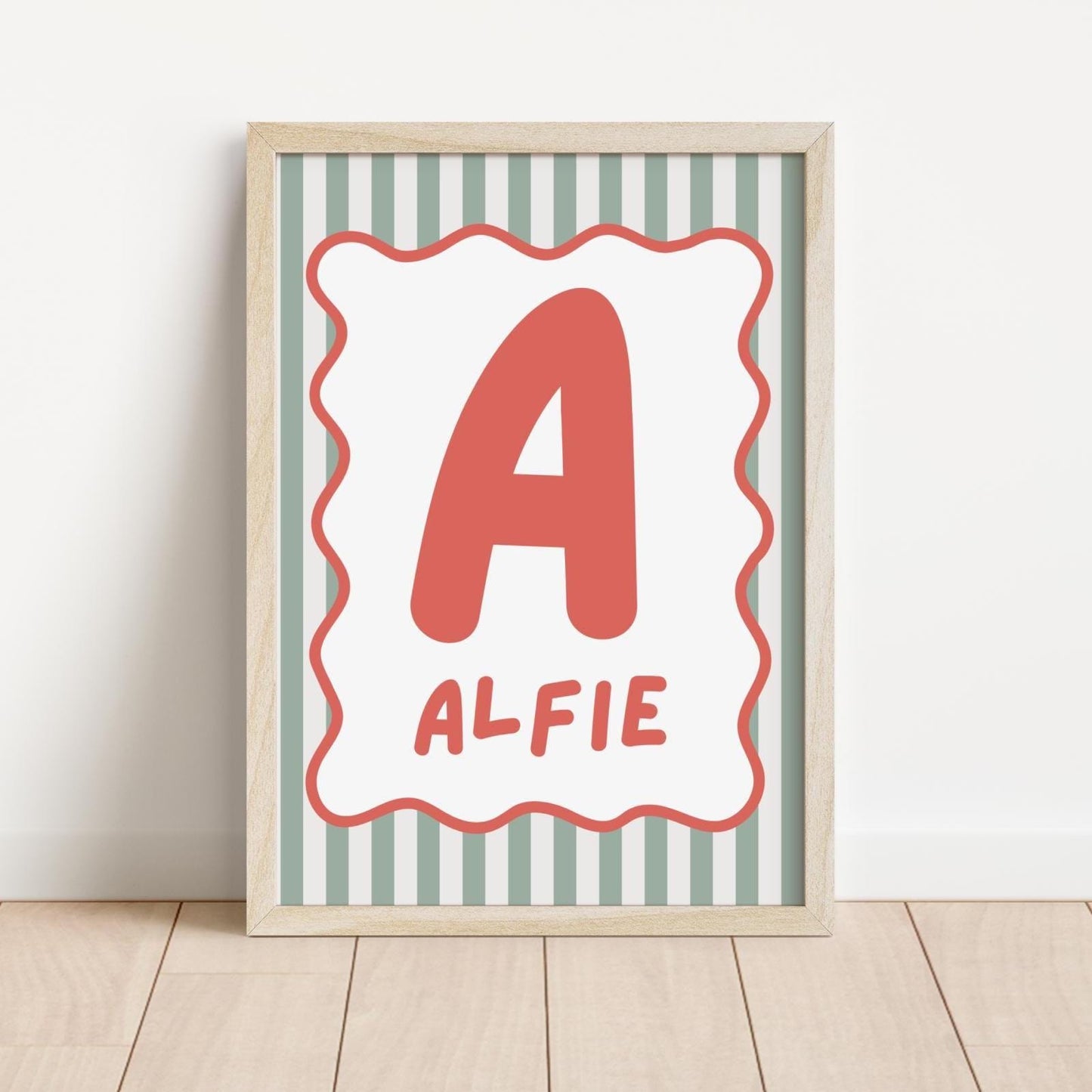 Personalised Scallop Initial Wall Print: Green and Red Nursery Decor