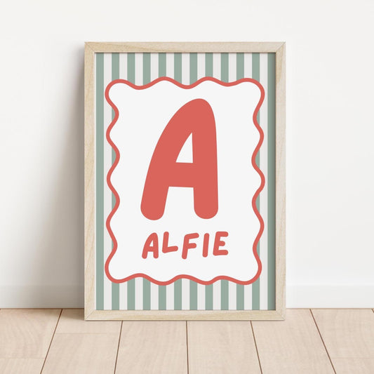 Personalised Scallop Initial Wall Print: Green and Red Nursery Decor