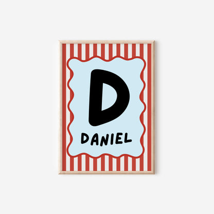 childrens blue and red striped initial name print for bedroom or nursery
