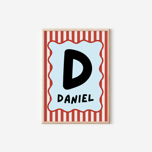 childrens blue and red striped initial name print for bedroom or nursery