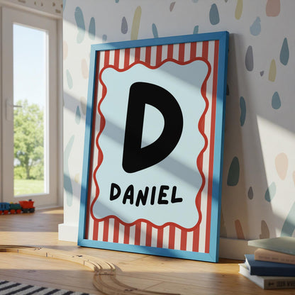 childrens blue and red striped initial name print for bedroom or nursery