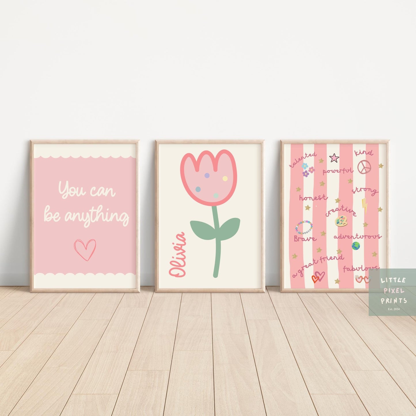 Personalised Floral Affirmation Print Set of 3: Pink Nursery Decor