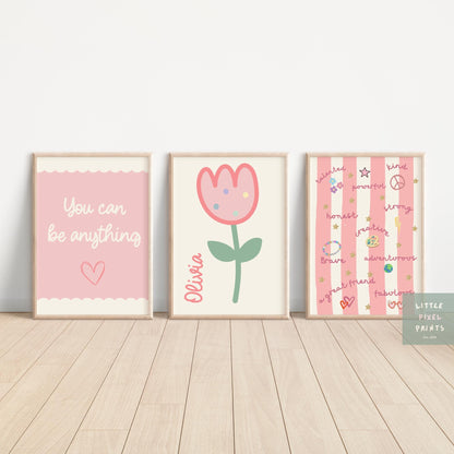 Personalised Floral Affirmation Print Set of 3: Pink Nursery Decor