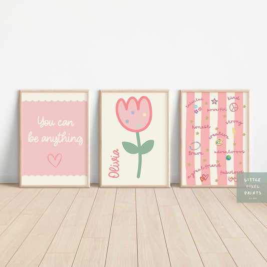 Personalised Floral Affirmation Print Set of 3: Pink Nursery Decor