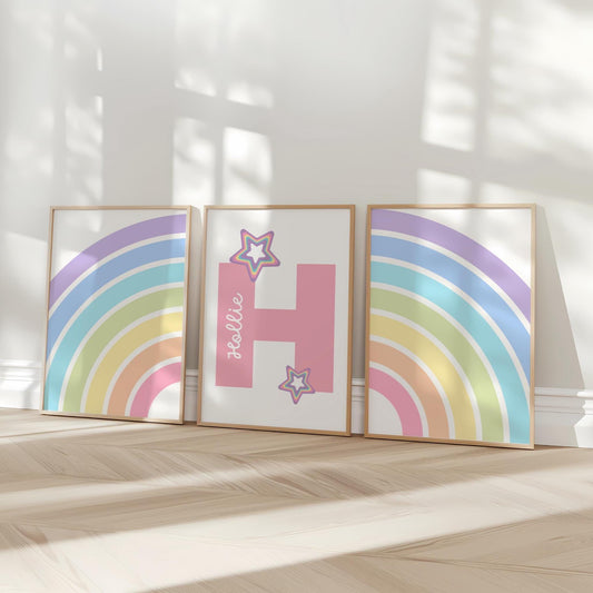 girls personalised initial and name rainbow wall print set for bedroom or playroom