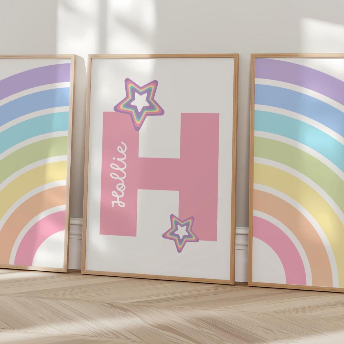 girls personalised initial and name rainbow wall print set for bedroom or playroom
