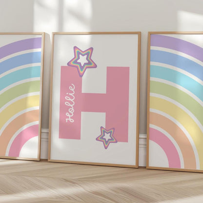 girls personalised initial and name rainbow wall print set for bedroom or playroom