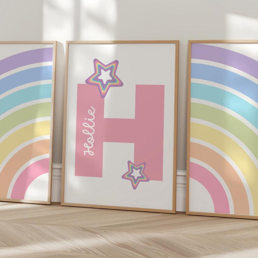 girls personalised initial and name rainbow wall print set for bedroom or playroom